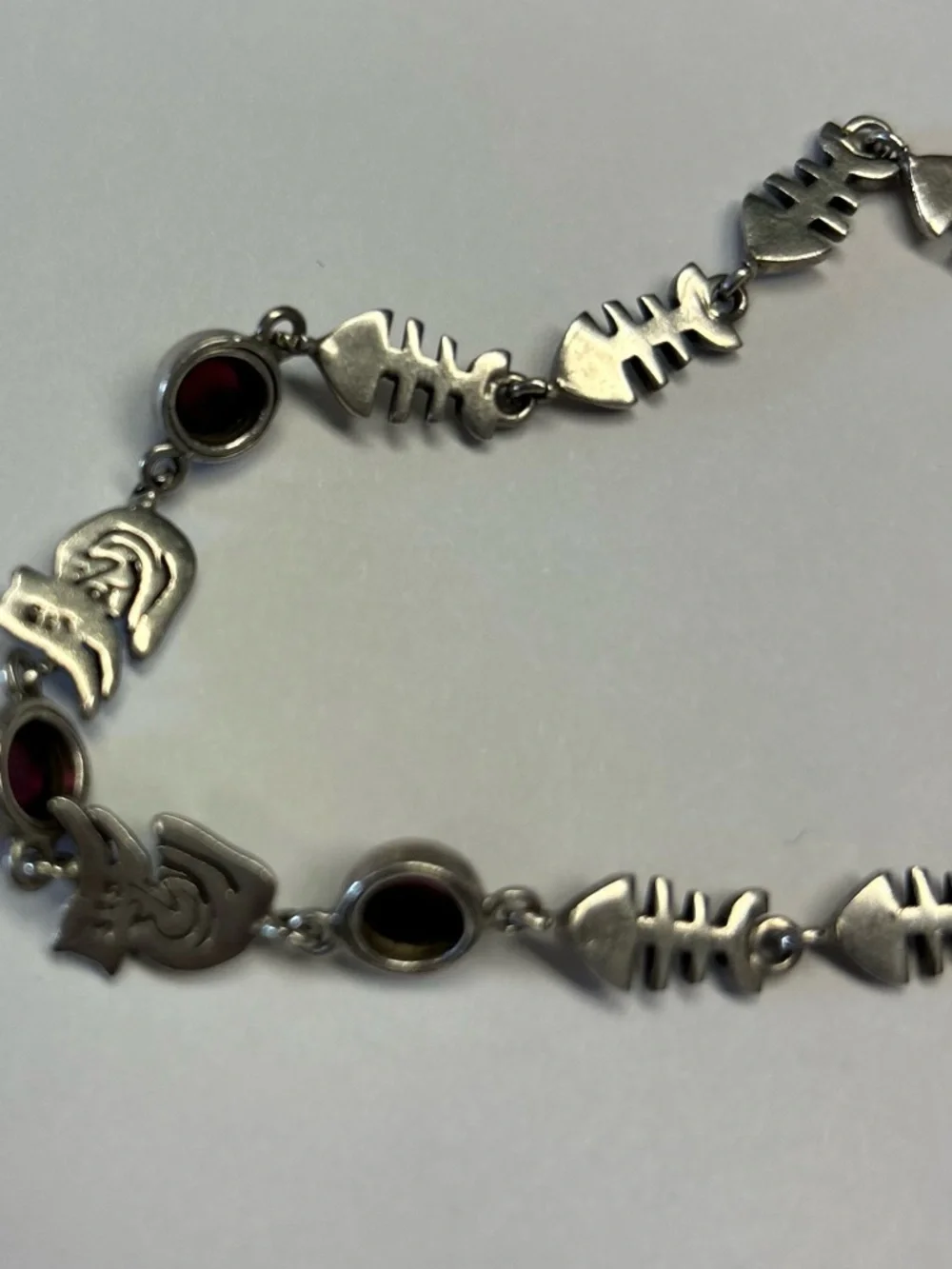 Vintage Fish bones cat garnet gemstone link bracelet sterling silver 925 - Picture 9 of 16